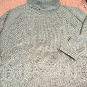 NY Collection Light Green Cable Knit Turtleneck Sweater